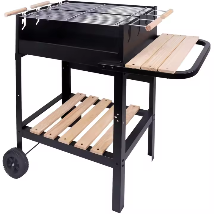 Barbacoa Portátil de Carbón con Doble Parrilla Metal Esmaltado y Madera 3 Alturas Regulables - 1