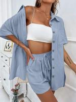 Conjunto de camisa de dos piezas de color sólido con pantalones cortos de moda para mujer, informal, suelto, manga corta, una sola fila - details 18