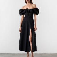 Vestido acampanado ajustado con lazo y mangas abullonadas estilo francés largo para mujer 2025 - details 12