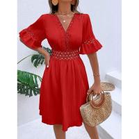 Vestido de verano para mujer, nuevo estilo, con costuras, escote en V y cintura de color liso. - details 12