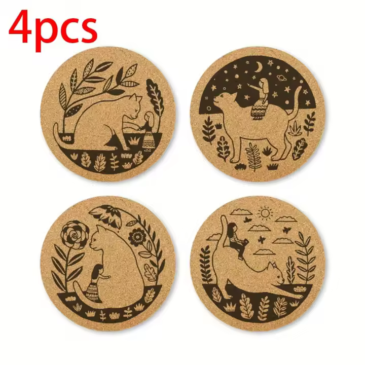 Posavasos de Corcho con Diseño de Gato Encantador Taza de Café, Soporte para Bebidas, Vajilla 4 Uds - 1