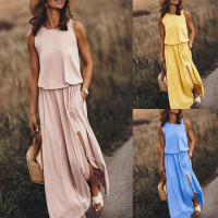 2025 verano nueva ropa de mujer europea y americana vestido sin mangas con cuello redondo vestido largo de color sólido multicolor con puntas divididas. - details 1