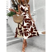 Vestido largo de mujer con estampado floral de plantas, cuello redondo, manga corta y cintura alta para el verano de 2024 - details 11