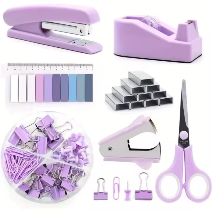 Dispensador de cinta, juego de grapadora, removedor de grapas, tijera y pestañas, Kit de suministros de oficina, Clips de papel de colores brillantes, accesorios de escritorio - 1