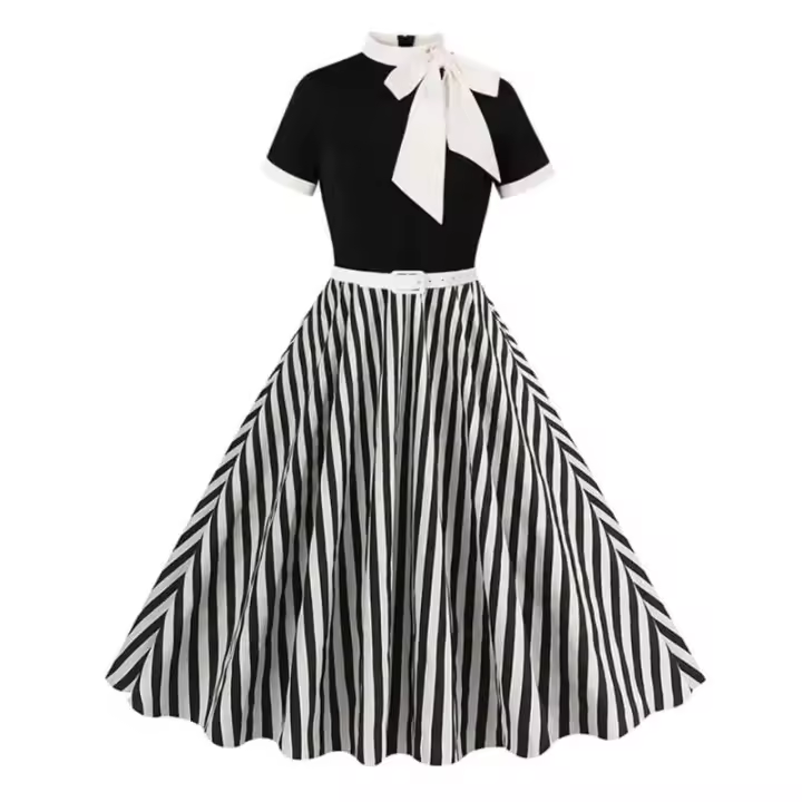 Falda elegante combinada con cuello de pañuelo vintage Hepburn de manga corta, detalles de lazo, negro y rayas, perfecta para retro - 1