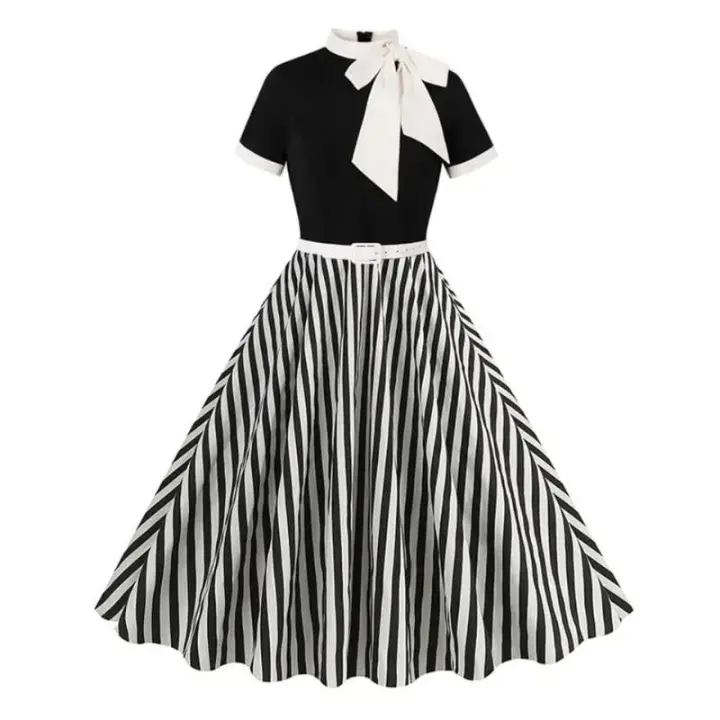 Falda elegante combinada con cuello de pañuelo vintage Hepburn de manga corta, detalles de lazo, negro y rayas, perfecta para retro - 1