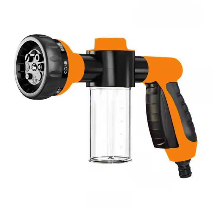 Boquilla de lavado de coche para manguera de jardín, pulverizador de espuma de alta presión con dispensador de jabón, modo de pulverización ocho en uno, naranja - 1
