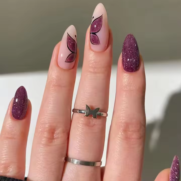 24 Piezas De Uñas Postizas En Forma De Almendra Larga Estilo Francés Con Diseños De Mariposa +1 Pegamento +1 Lija - 1