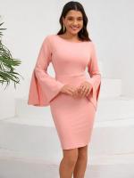 Elegante y bonito vestido Midi de manga larga para mujer, de Color sólido vestido ajustado, falda de cuello redondo que cubre la cadera - details 3