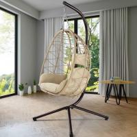 Sillón Colgante de jardín, Silla Mecedora Hamaca para Exterior, Estructura de Metal Nido de ratán y Cuerda + cojín Asiento Acolchado y reposacabezas, diseño Moderno, 198 x 110 x 95 cm (Beige) - details 5