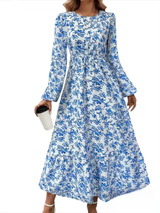Vestido largo de manga larga con cuello redondo para mujer, elegante, Floral, Retro, a la moda, nuevo - 1