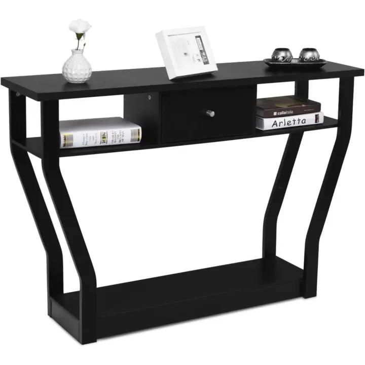 Mesa Auxiliar con Estante Inferior y 2 Estantes Laterales Abiertos, Mueble de Recepción para Entrada, Salón (Gris) - 1