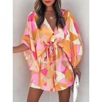 Traje de baño para mujer Vestido de playa estampado con cordón3/4MangaVMini falda de playa con Cuello estilo bohemio - details 4