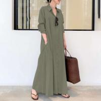 Vestidos sencillos e informales de Color liso para mujer, vestidos largos holgados con solapa y manga de un solo pecho, Vestidos para ir al trabajo - details 3