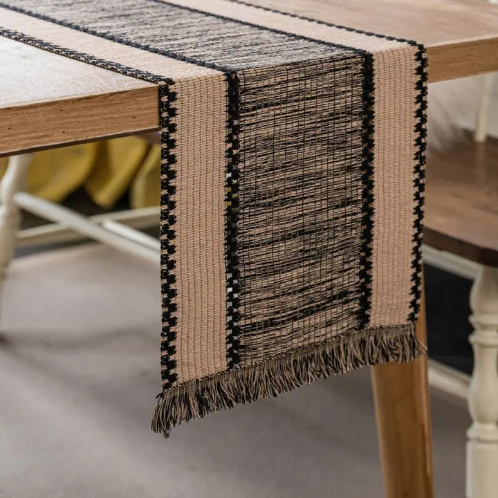 Camino de Mesa Boho con Borlas a Raya Negro Beige Decorativo Rectangulares Estilo Bohemio Comedor Hogar Boda Cocina - 1
