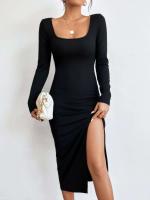 Vestido de mujer elegante temperamento cuello cuadrad falda media y larga - details 1