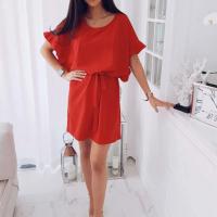 Vestido de poliéster de manga corta para mujer, jersey de cuello redondo, suelto, fajas, sólido, moda de oficina, Verano - details 4