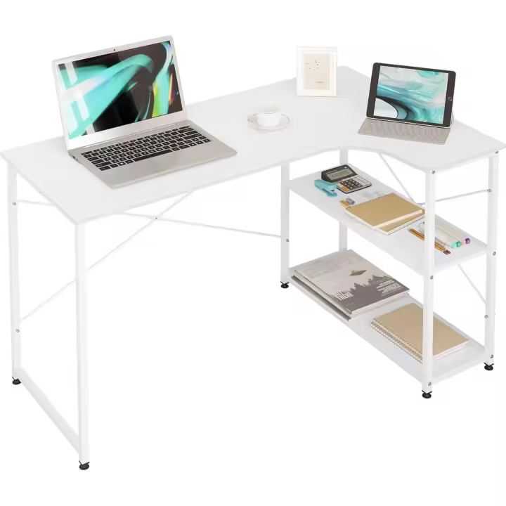 Forma de L,120x75 cm, Mesa Escritorio Esquinero con Estanteria, Mesa Gaming, Mesa de Estudio, Escritorio Ordenador PC para Oficina en Casa, Blanco + Blanco,TSB06ws - 1