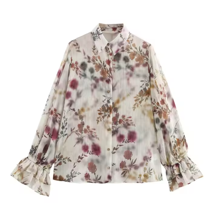 Camisa elegante de primavera 2025 para mujer, cuello de Metal estampado, puños decorativos de manga G con camisa de moda con volantes - 1