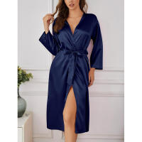 Elegante albornoz de satén para mujer, color sólido, comodidad sedosa con cinturón, ropa de dormir larga hasta la rodilla - details 23