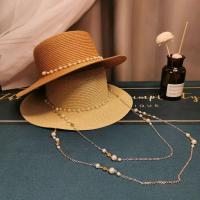 Sombreros de sol planos con cadena de perlas de verano para mujer, sombrero femenino de paja ancho Anti-UV, gorro de playa para niña - details 3