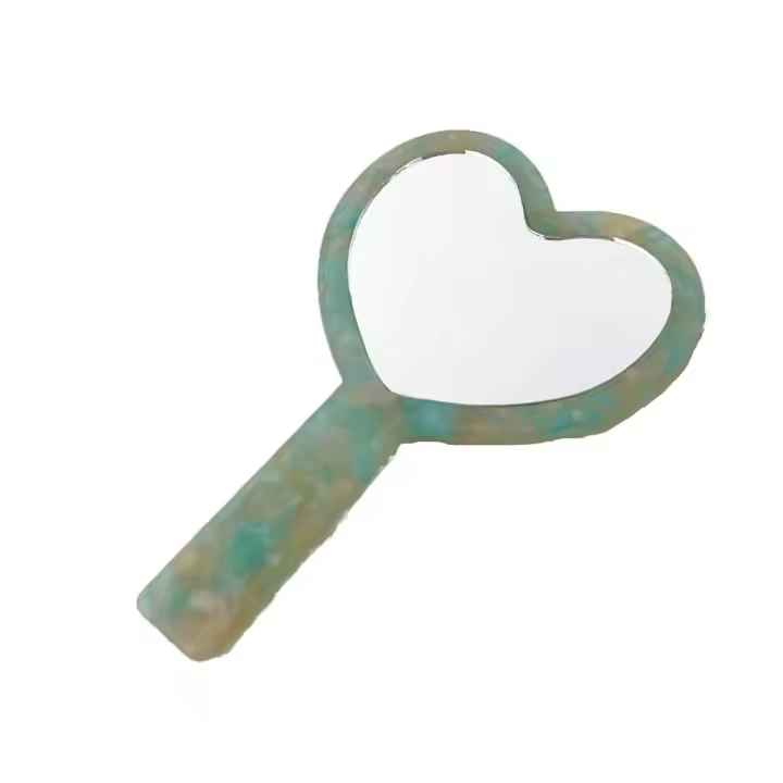 Espejo de maquillaje pequeño con forma de corazón, espejo de tocador de mano, textura de ácido acético, espejo de tocador pequeño para mujer - 1