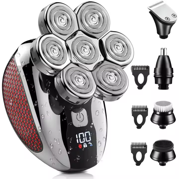 Afeitadora de cabeza para hombres calvos 7D, afeitadoras de cabeza calva para hombres húmedos y secos, afeitadora eléctrica 5 en 1, inalámbrica, recargable, impermeable, afeitadora eléctrica para hombres, afeitadora rotativa, kit de aseo - 1