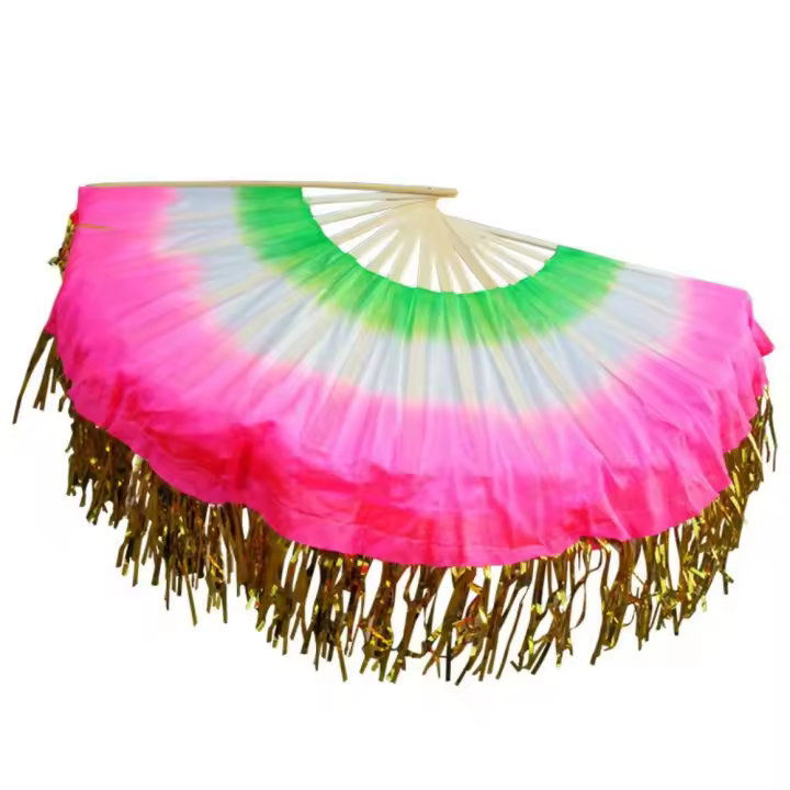 Hermoso abanico de danza Yangko hecho a mano, abanico de velo de seda clásico de estilo chino, abanico de danza del vientre de seda de medio círculo, abanico de utilería - 1