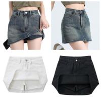 Incluye pantalones cortos, falda acampanada de cintura alta, pierna ancha, pantalones cortos de mezclilla con dos bolsillos, falda para mujer, ropa de calle de cintura alta - details 1