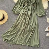 Nuevo modelo de vestido maxi elegante con cuello cuadrado para mujer, gasa lisa con mangas abullonadas, bata de fiesta en la playa, vestidos con volantes vintage - details 5