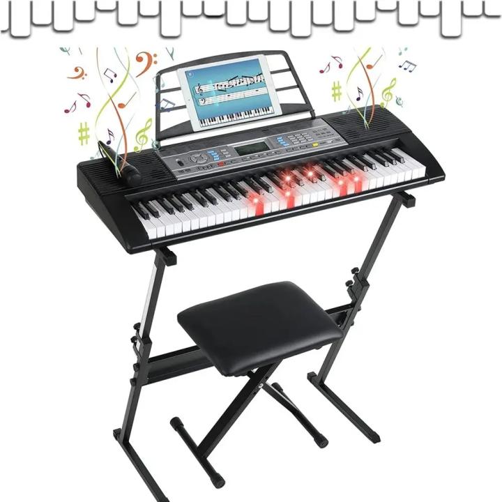 Teclado de Piano de 61 teclas, 3 niveles con soporte y taburete, LCD