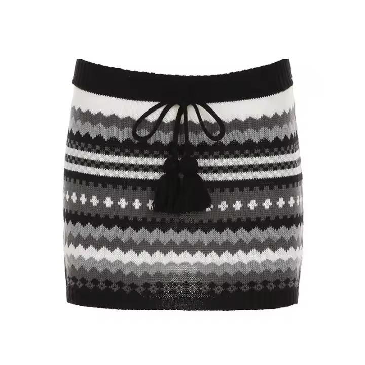 BUNO-Y2K Falda suéter de rayas coloridas, cintura baja, cordón, con cordones, bola peluda, minifaldas ajustadas, pantalones envolventes de cadera folclóricos indios - 1