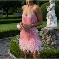 Vestido corto con lentejuelas y borlas para mujer, minivestido Sexy con tirantes finos y costuras, elegante, para fiesta y Club - details 6