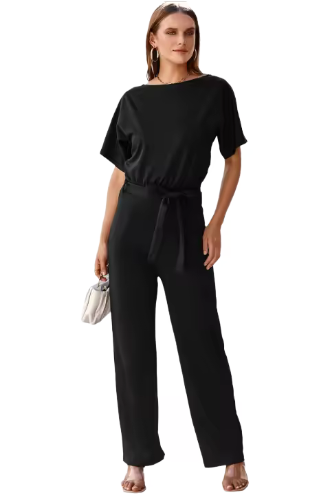 Elrachen Mono de pierna ancha para mujer con cinturón, negro, tallas XS-3XL - 1