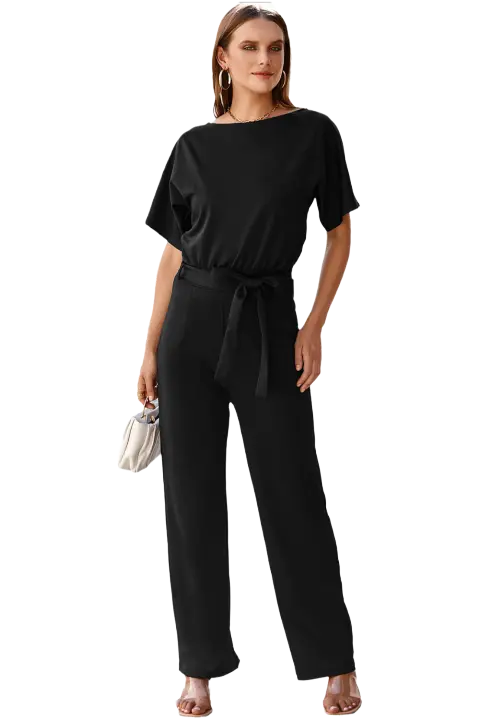 Elrachen Mono de pierna ancha para mujer con cinturón, negro, tallas XS-3XL - 1