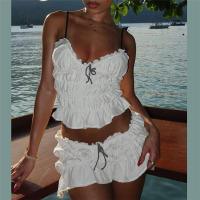 BUNO-Conjunto de 2 piezas fruncido de estilo dulce de gato extraño para mujer, camisola fruncida Sexy con cuello bajo y espalda descubierta + faldas con capas, ropa de calle de moda Y2K - details 6