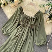 Nuevo modelo de vestido maxi elegante con cuello cuadrado para mujer, gasa lisa con mangas abullonadas, bata de fiesta en la playa, vestidos con volantes vintage - details 19