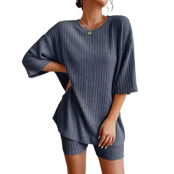 Conjunto de Moda Casual para Mujeres Traje de Primavera de Color Sólido con Cuello Redondo y Pantalones Cortos Sueltos - 1