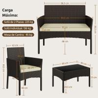 4 Piezas, 1 Sofá 2 Sillones con Cojines y 1 Mesa con Vidrio para Patio/Terraza/Balcón (Marrón/Beige) - details 4