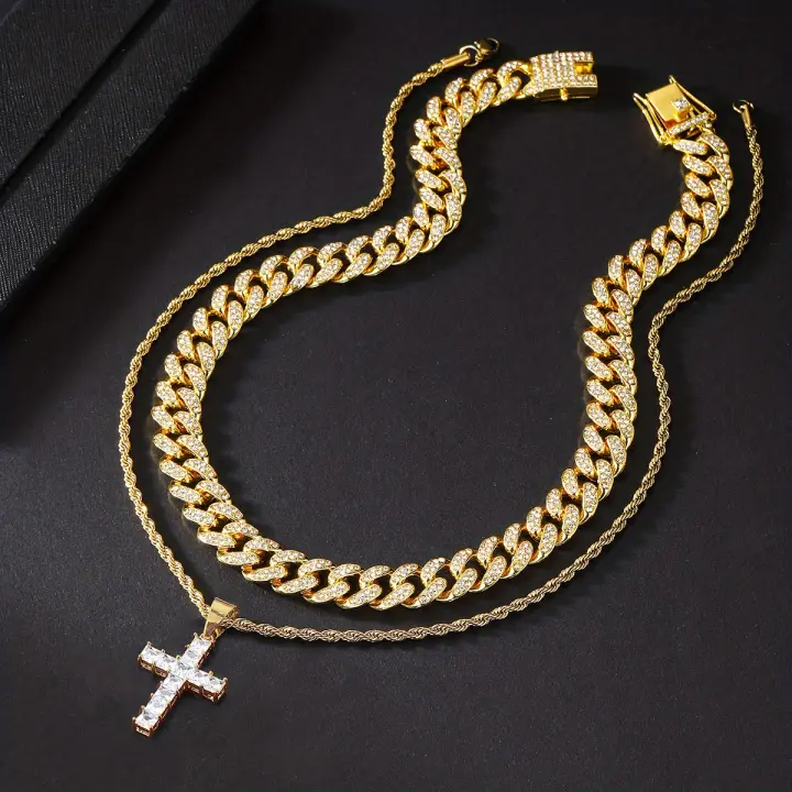 Collar de Cadena Cubana de Acero Inoxidable Unisex, Cruzaado Iced Out, 13MM, Regalo de Moda Hip Hop - 1