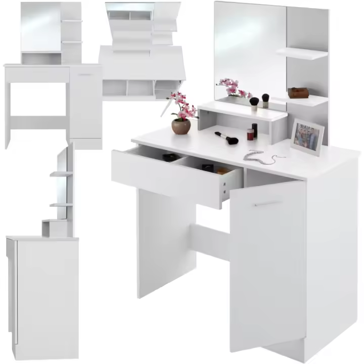 TecTake. ®   tocador de Maquillaje con Espejo Grande, 3 estantes Abiertos, Cajón Inferior, Compartimento Lateral, Gran Resistencia, Superficie Resistente, Espejo tocador, Mesa Maquillaje - Blanco - 1