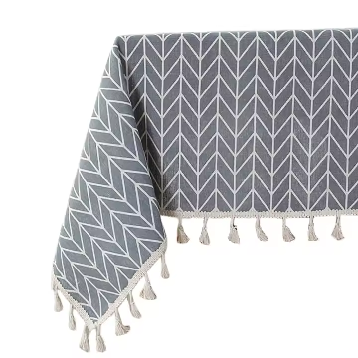 Manteles Rectangulares Antimanchas Patrón Geométrico con Borlas, Decoración del Hogar Mantel Lavable Gris para Mesa - 1