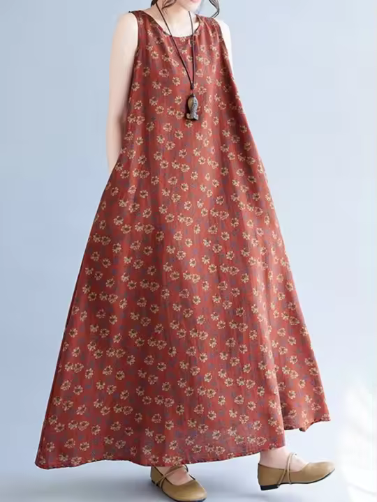 Vestido Maxi de Verano Floral Vintage Cómodo y Suelto con Algodón sin Mangas - 1
