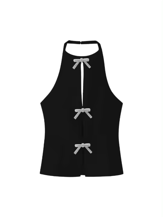 Ropa de mujer Chaleco pequeño superior con cuello en el cuello y adorno con lazo para mujer - 1