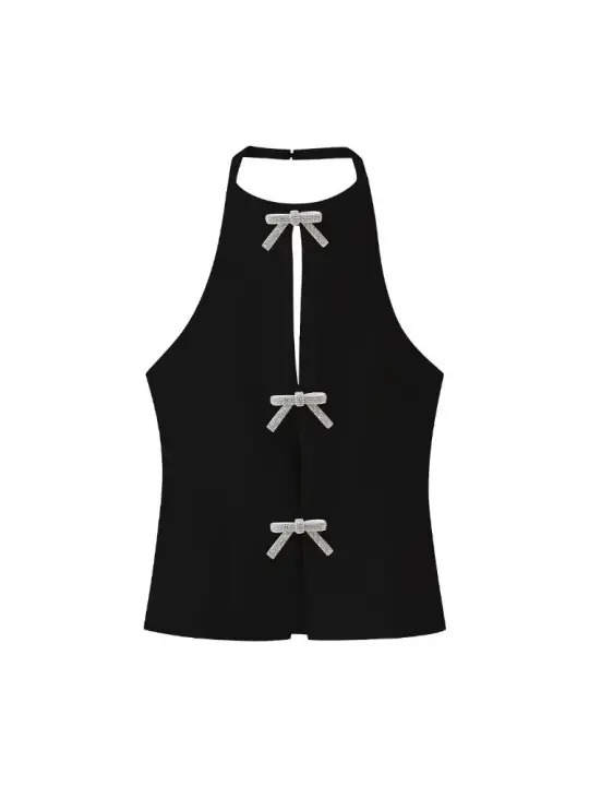 Ropa de mujer Chaleco pequeño superior con cuello en el cuello y adorno con lazo para mujer - 1