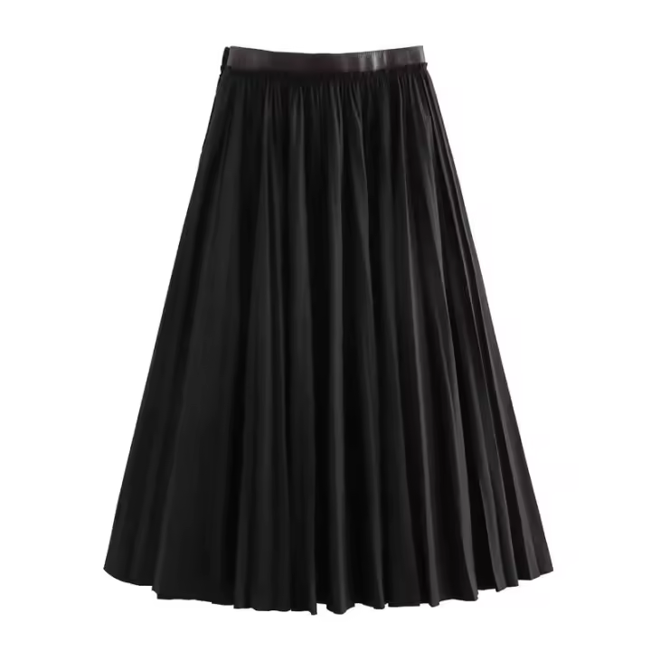 BUNO-2024 Otoño/Invierno francés minimalista Pu cuero empalme A-line falda Retro elegante Midi falda de media longitud Mujer - 1