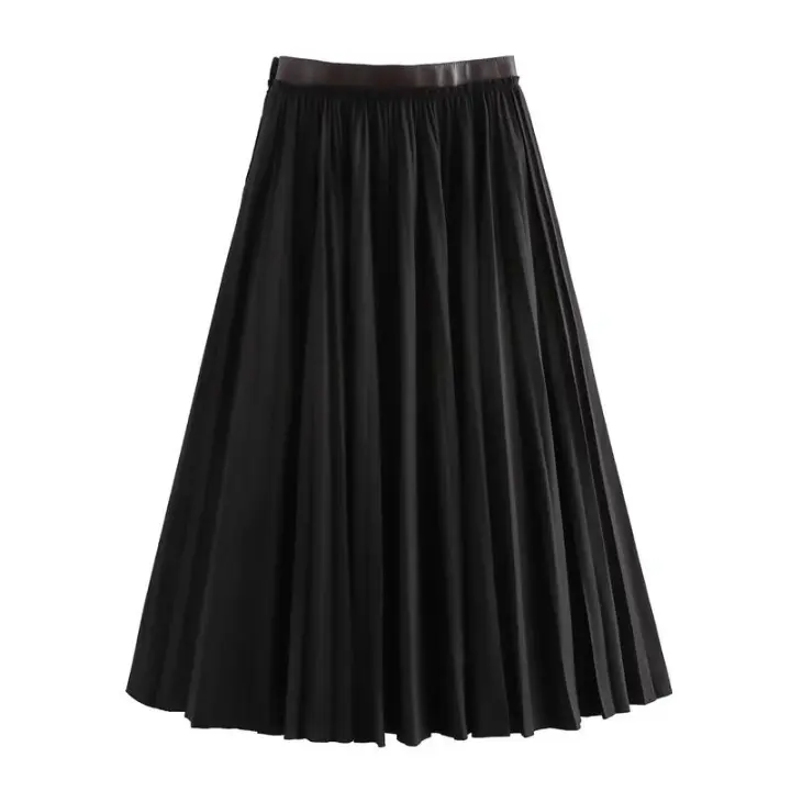 BUNO-2024 Otoño/Invierno francés minimalista Pu cuero empalme A-line falda Retro elegante Midi falda de media longitud Mujer - 1