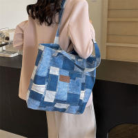 2025 nuevo bolso de hombro de mujer de gran capacidad a cuadros de mezclilla de imitación, bolso de mujer de moda de tote casual retro - details 5