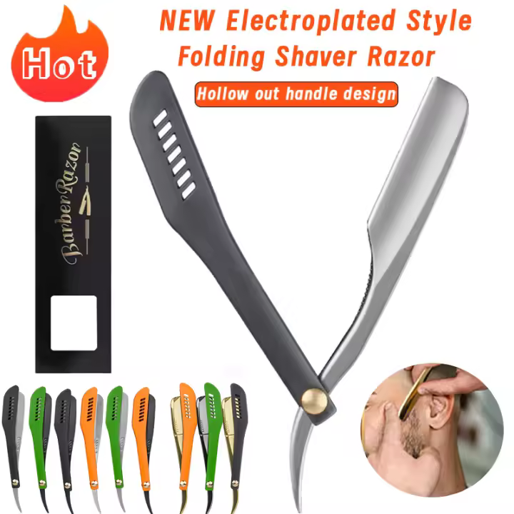 Afeitadora Profesional Manual de Acero Inoxidable con Borde Recto para Barbero Navaja de Afeitar Plegable para Portar y Corte de Barba - 1