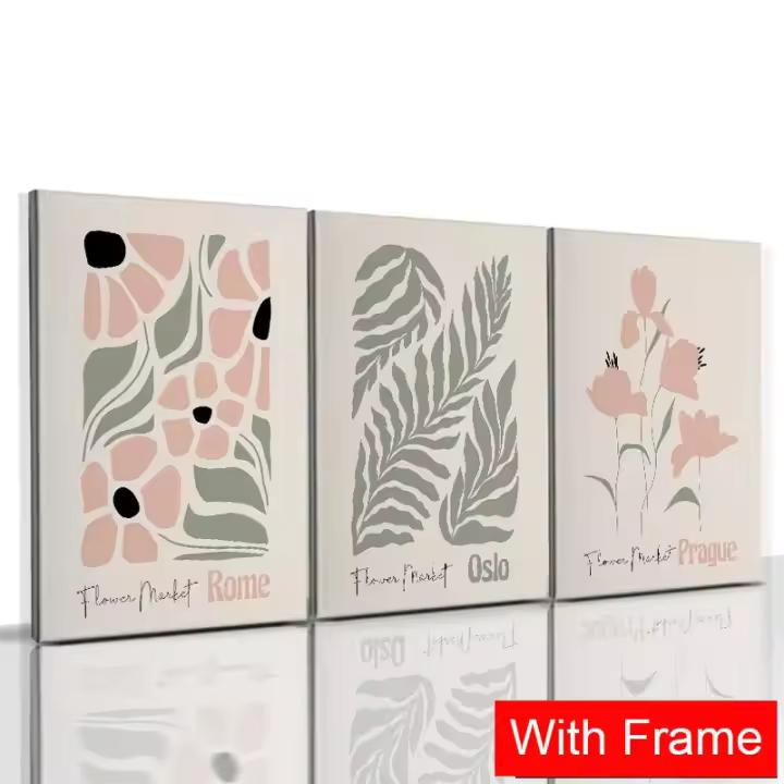 Cuadro de Pintura Nórdica en Lienzo con Marco de 3pcs Flores Salvajes del Mercado Posters Daneses Pastel Artístico para Pared de Dormitorio Decoración Aestética Material de Lienzo Marca JUBEER - 1